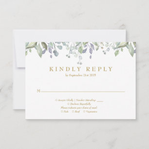Salie Lila Bloemgroen Goud Bruiloft RSVP Kaartje