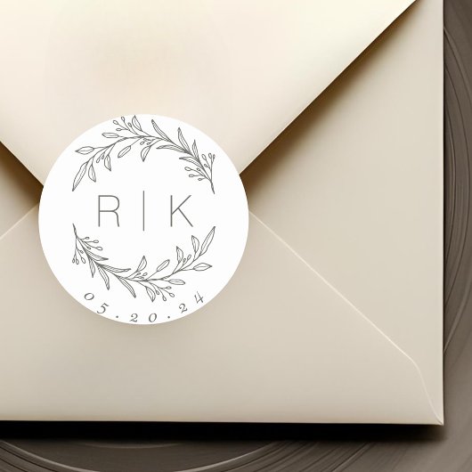 Salie Line Art Botanische Krans Trouwmonogram Ronde Sticker