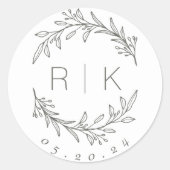 Salie Line Art Botanische Krans Trouwmonogram Ronde Sticker (Voorkant)