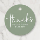 Salie Minimalistische Script Bruiloftsfeest Favori Bedankjes Labels (Voorkant)