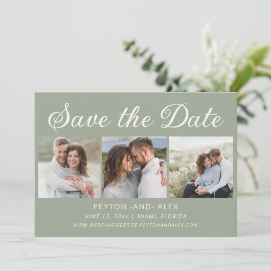 Salie Mintgroene 4-Foto 2-zijdige Trouwdatum Bespa Save The Date (Staand voorkant)