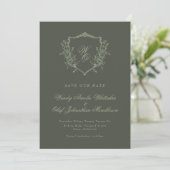 Salie Olijf  Bloemkam Monogram Foto Save The Date (Staand voorkant)