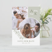 Salie & Olijf Groene Overlappende Foto's Save The Date (Staand voorkant)