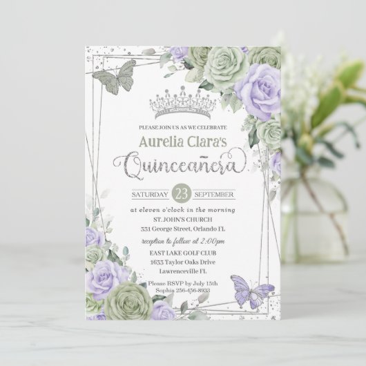 Salie Paarse Bloemenvlinders Zilver Quinceanera Kaart (Staand voorkant)