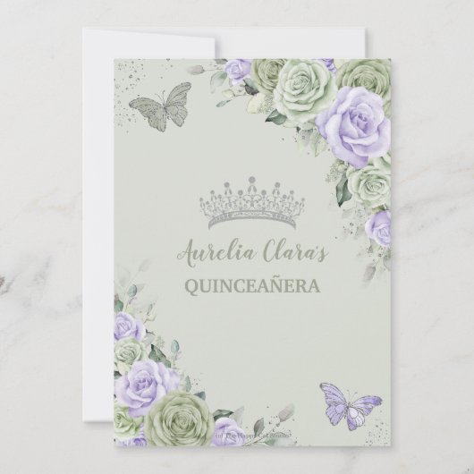 Salie Paarse Bloemenvlinders Zilver Quinceanera Kaart (Achterkant)