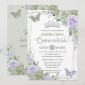Salie Paarse Bloemenvlinders Zilver Quinceanera Kaart (Voorkant / Achterkant)
