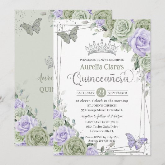 Salie Paarse Bloemenvlinders Zilver Quinceanera Kaart (Voorkant / Achterkant)