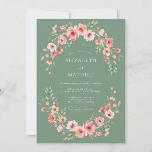 Salie Roze Bloemstuk Bruiloft Kaart (Voorkant)