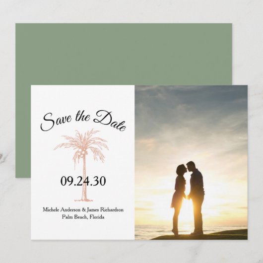 Salie Roze Goud Koper Palmboom Trouwfoto Save The Date (Voorkant / Achterkant)