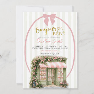 Salie Roze Streep Parisian Café Baby Shower Kaart
