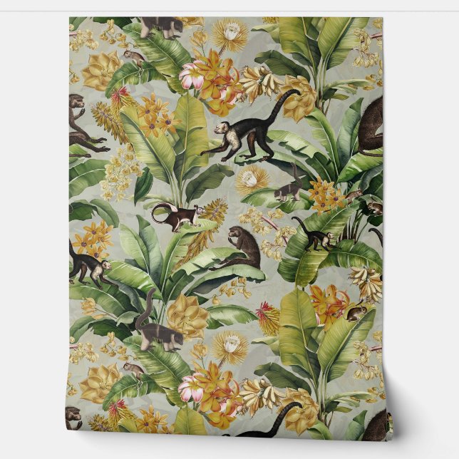 Salie Tropisch  Aap Bloemen Regenwoud Behang (Afrollen)