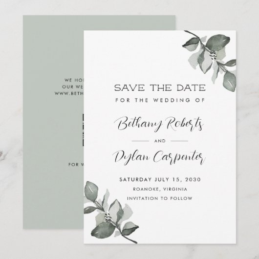 Salie Watercolor Eucalyptus QR Code Bruiloft Save The Date (Voorkant / Achterkant)