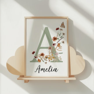 Salie Wilde Bloem Boho Meisje Babykamer Naam Initi Poster