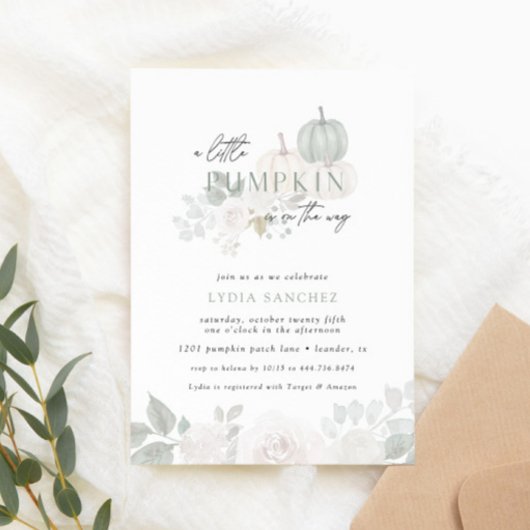 Salie & Wit - Floral Pumpkin Herfst Baby shower Kaart