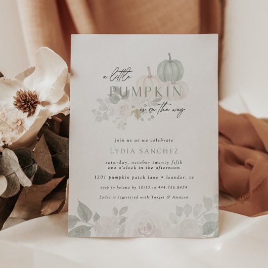 Salie & Wit - Floral Pumpkin Herfst Baby shower Kaart