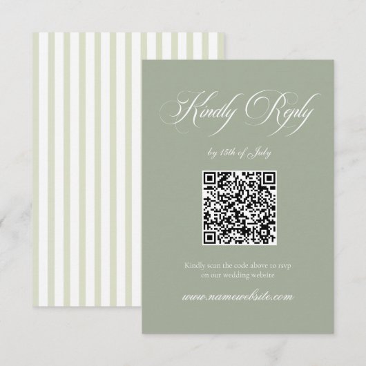 Salie & Witte Gestreepte Klassieke Trouw QR Code RSVP Kaartje (Voorkant / Achterkant)