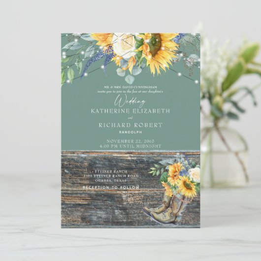 Salie Zonnebloem Rustieke Houten Laarzen Lichten Kaart (Staand voorkant)