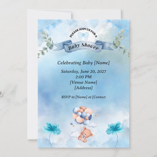 Salieblauwe babyshoweruitnodiging 🌿🍼 (Voorkant)