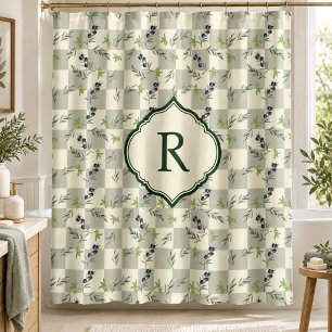 SalieGroen Aquarel Olijf Patroon Monogram Douchegordijn
