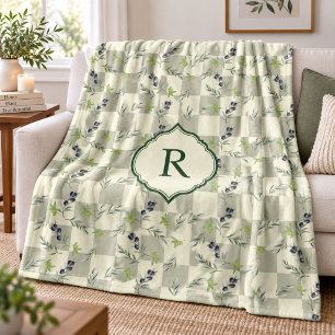 SalieGroen Aquarel Olijf Patroon Monogram Fleece Deken
