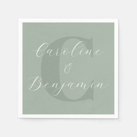 Saliegroen Monogram Script Trouw Namen Chic Servet (Voorkant)