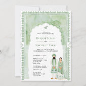 Saliegroene Aquarel Boog Frame Sikh Huwelijk Kaart (Voorkant)