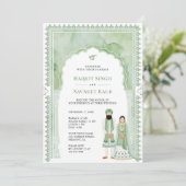 Saliegroene Aquarel Boog Frame Sikh Huwelijk Kaart (Staand voorkant)