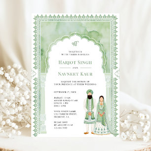 Saliegroene Aquarel Boog Frame Sikh Huwelijk Kaart