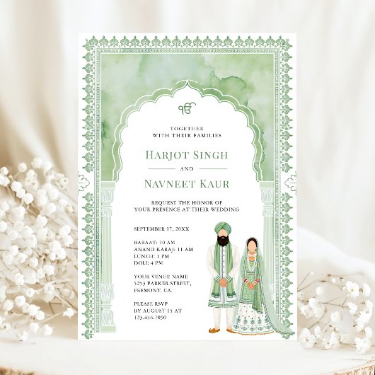Saliegroene Aquarel Boog Frame Sikh Huwelijk Kaart