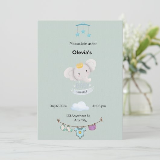Saliegroene baby shower platte uitnodiging (Staand voorkant)