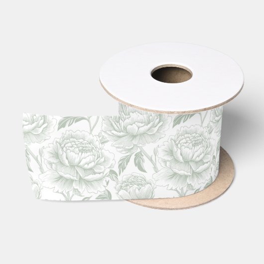 Saliegroene Chinoiserie Pioenrozen Satijnen Lint (Spoel)