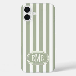Saliegroene en witte monogramstrepen iPhone 16 plus hoesje