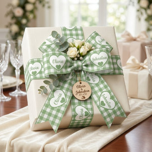Saliegroene Gingham Harten Aangepaste Koppel Namen Satijnen Lint