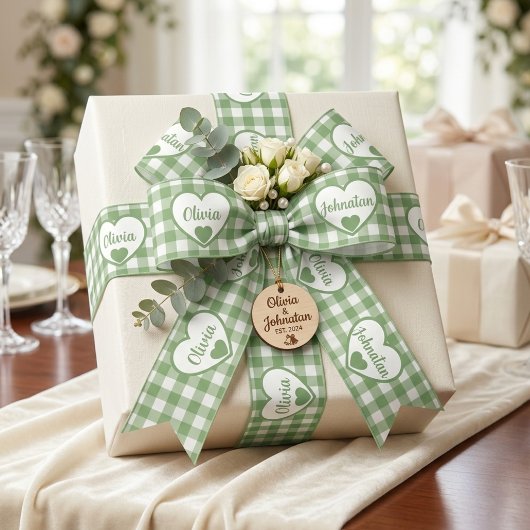 Saliegroene Gingham Harten Aangepaste Koppel Namen Satijnen Lint