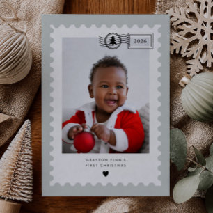 Saliegroene Postzegel Baby's 1e Kerstmis Feestdagenkaart