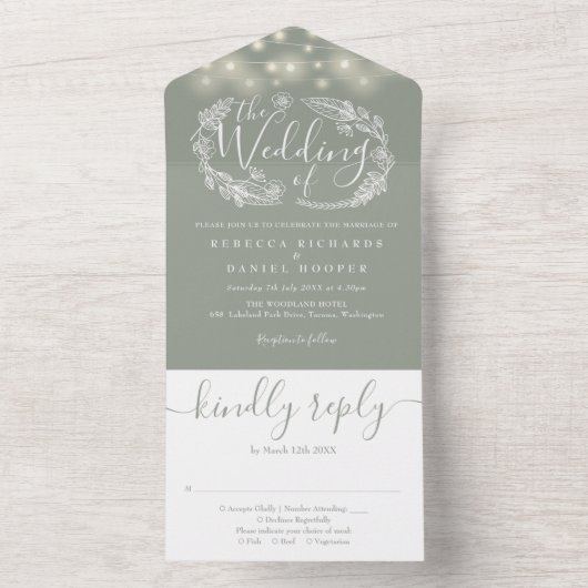 Saliegroene snoerlampen gebladerte bruiloft all in one uitnodiging (Binnen)
