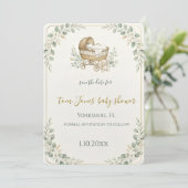 Saliegroene wieg baby shower save the date (Staand voorkant)