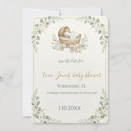 Saliegroene wieg baby shower save the date (Voorkant)