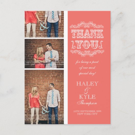  Salmon 3 foto bruiloft Bedankt Post Kaart (Voorkant)