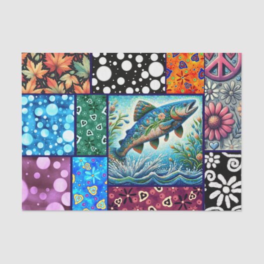 Salmon Crazy Quilt Floral Whimsical Decoupage Tissuepapier (Voorkant)