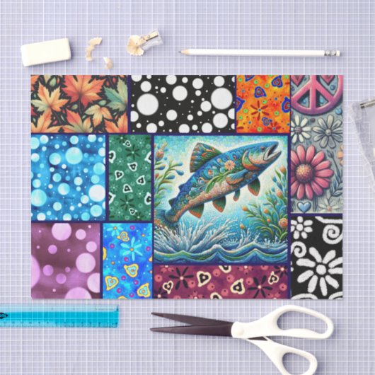 Salmon Crazy Quilt Floral Whimsical Decoupage Tissuepapier (Craft)