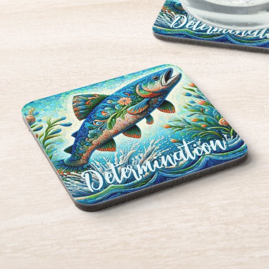 Salmon Jumping Mosaic Floral Blue Personalized Bier Onderzetter (Linkerzijde)