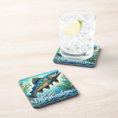Salmon Jumping Mosaic Floral Blue Personalized Bier Onderzetter (Rechterzijde)