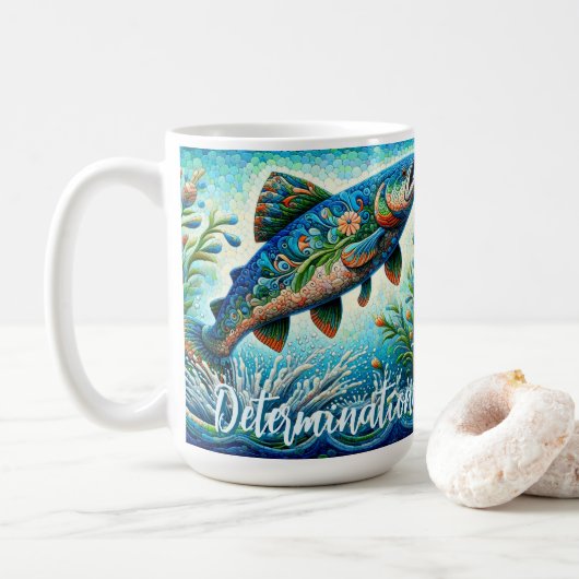 Salmon Jumping Mosaic Floral Blue Personalized Koffiemok (Met donut)