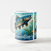Salmon Jumping Mosaic Floral Blue Personalized Koffiemok (Voorkant links)