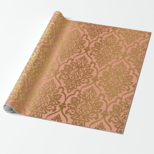 Salmon Pastel Damask Royal Golden Folie Cadeaupapier (Uitgerold)