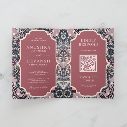 Salmon Pink Paisley Pattern QR Code Indian Wedding (Binnen)