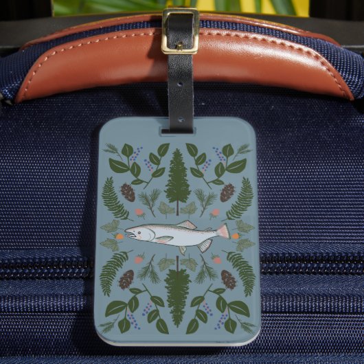 Salmon PNW Natuur Fir Ferns Berries Foraging Feest Bagagelabel (Voorkant Insitu 2)