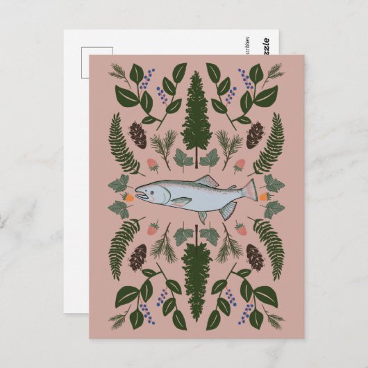 Salmon PNW Natuur Fir Ferns Berries Foraging Feest Briefkaart (Voorkant / Achterkant)