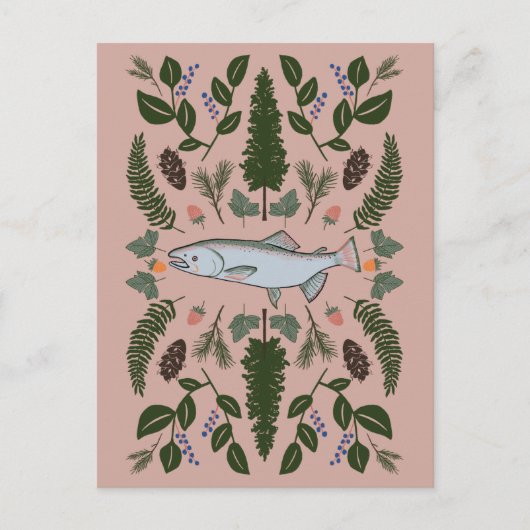 Salmon PNW Natuur Fir Ferns Berries Foraging Feest Briefkaart (Voorkant)